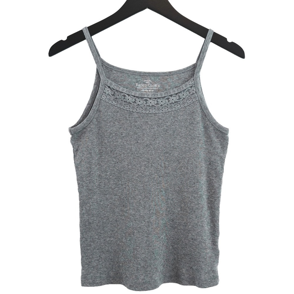 Faded Glory Tank Top Girls Large 10-12 Gray Ribbed Lace Trim Cami Kid Fashion